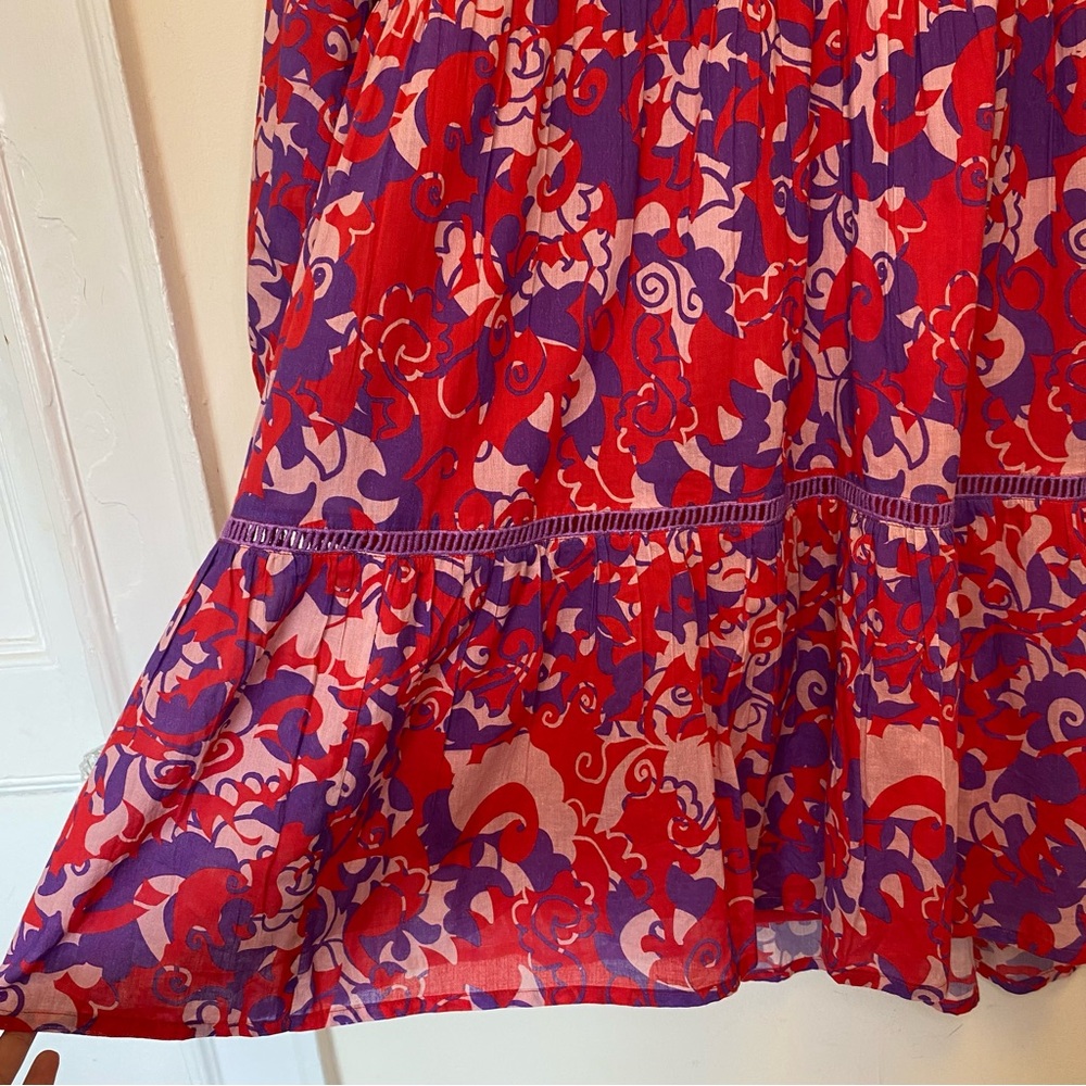 RO’S GARDEN Tyler Abstract Print Cotton Mini Shirt Dress Red/Purple Sz Large - Picture 10 of 16